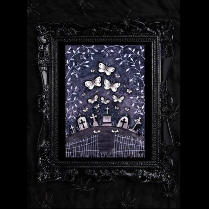 Twilight Butterflies Print - Purple Graveyard A5 - A4 - A3 Watercolour Art - Gothic Spooky Cute Lolita Decor - Blue Midnight Gravestones