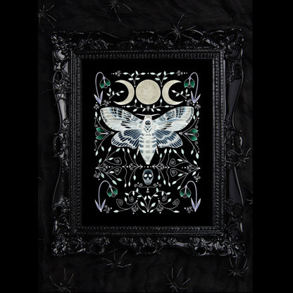 Celestial Moth Print - Black Death's-head Hawkmoth A5 - A4 - A3 Watercolour Art - Gothic Spooky Moth Moon Decor - Ornate Insect Skull Decor