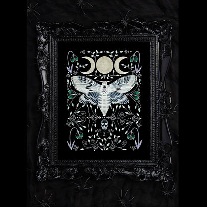 Celestial Moth Print - Black Death's-head Hawkmoth A5 - A4 - A3 Watercolour Art - Gothic Spooky Moth Moon Decor - Ornate Insect Skull Decor
