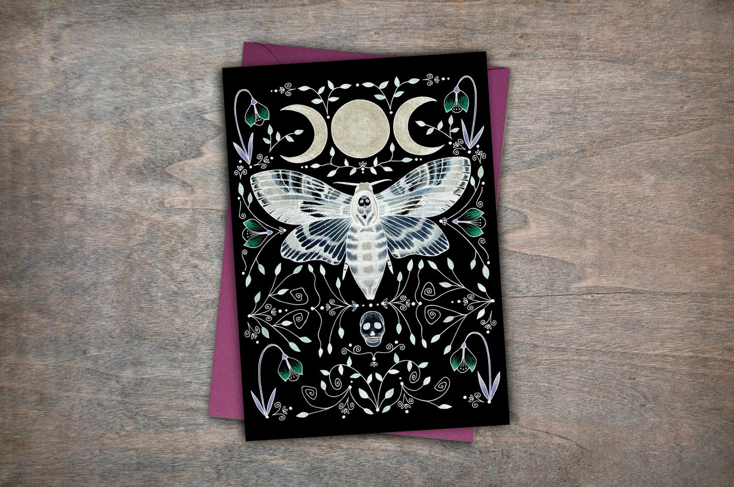 Black Moth Greetings Card & Envelope - Spooky Death's-head Hawkmoth Card - Gothic Ornate Lolita Insect Card - Black Blue Gothic Moth Gift