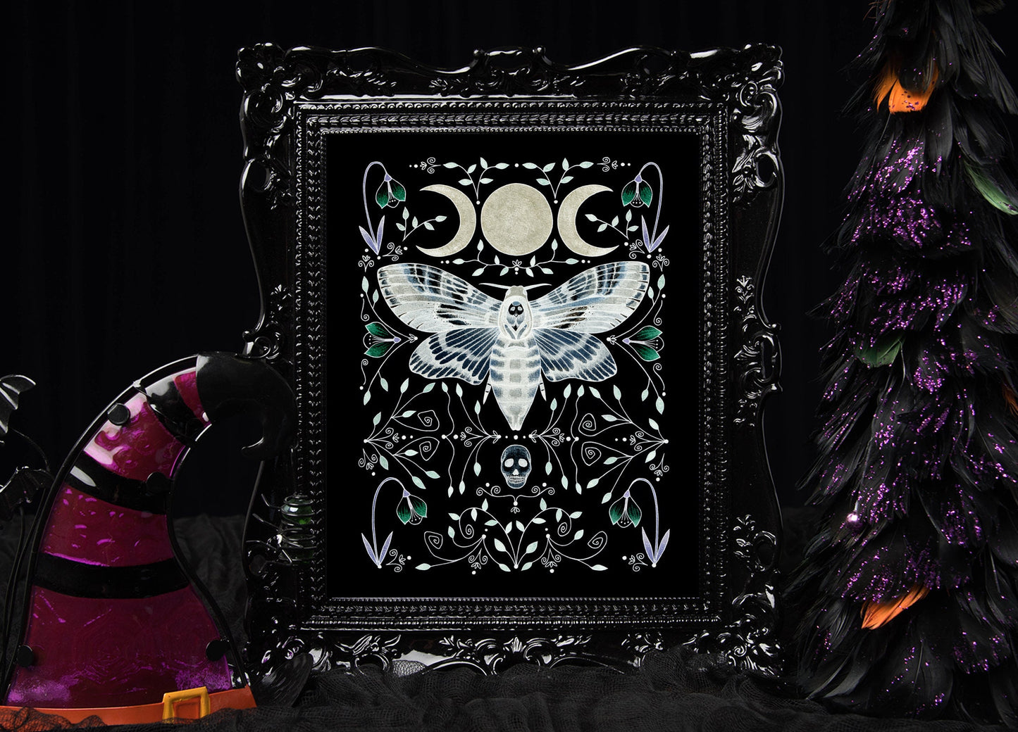 Celestial Moth Print - Black Death's-head Hawkmoth A5 - A4 - A3 Watercolour Art - Gothic Spooky Moth Moon Decor - Ornate Insect Skull Decor