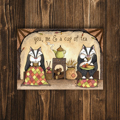Mini A6 Badgers Drinking Tea Print - Small Cosy Badger Couple Illustration - Mini Badger Postcard Print - Cute Badger Home Sweet Home Art