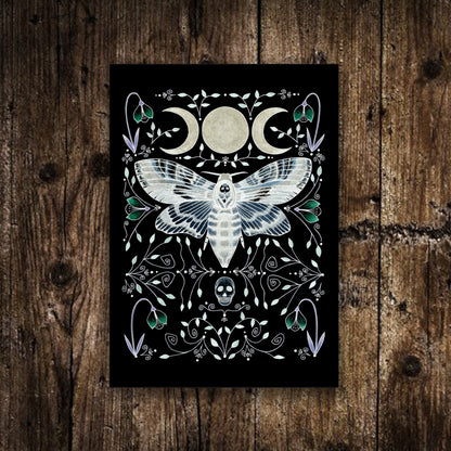 Set Of 6 Mini Celestial Witch Prints - Spooky A6 Purple Illustration Decor - Mini Gothic Prints - Deadly Nightshade Moth Moon Skull Grave