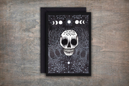 As Above So Below Greetings Card & Envelope - Spooky Celestial Triple Moon Stars Card - Gothic Blue Black Decorated Skull Witchcraft Card