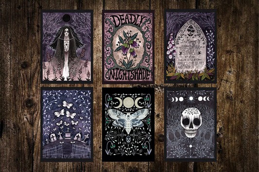 Set Of 6 Mini Celestial Witch Prints - Spooky A6 Purple Illustration Decor - Mini Gothic Prints - Deadly Nightshade Moth Moon Skull Grave