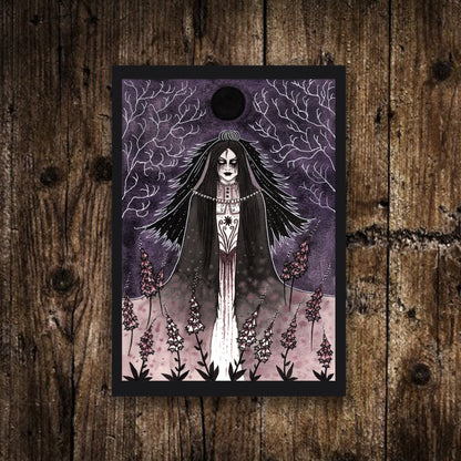 Set Of 6 Mini Celestial Witch Prints - Spooky A6 Purple Illustration Decor - Mini Gothic Prints - Deadly Nightshade Moth Moon Skull Grave