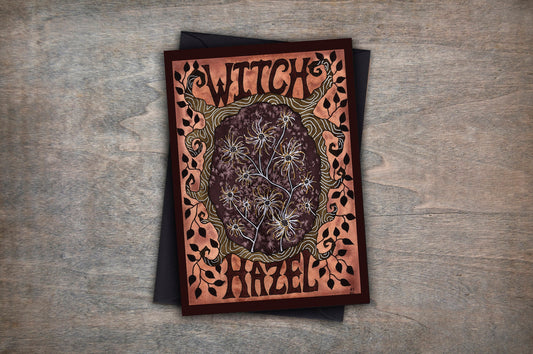 Witch Hazel Greetings Card & Envelope - The Witches Garden Healing Botanical Card - Hedgewitch Nature Watercolour Orange Brown Plant Card