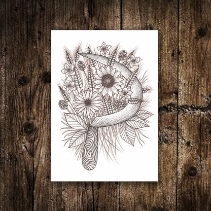 Mini Autumn Sickle Print - Small A6 Lughnasadh Illustration - Sunflower Wheat Blackberries - Black Or White White Harvest Postcard Print