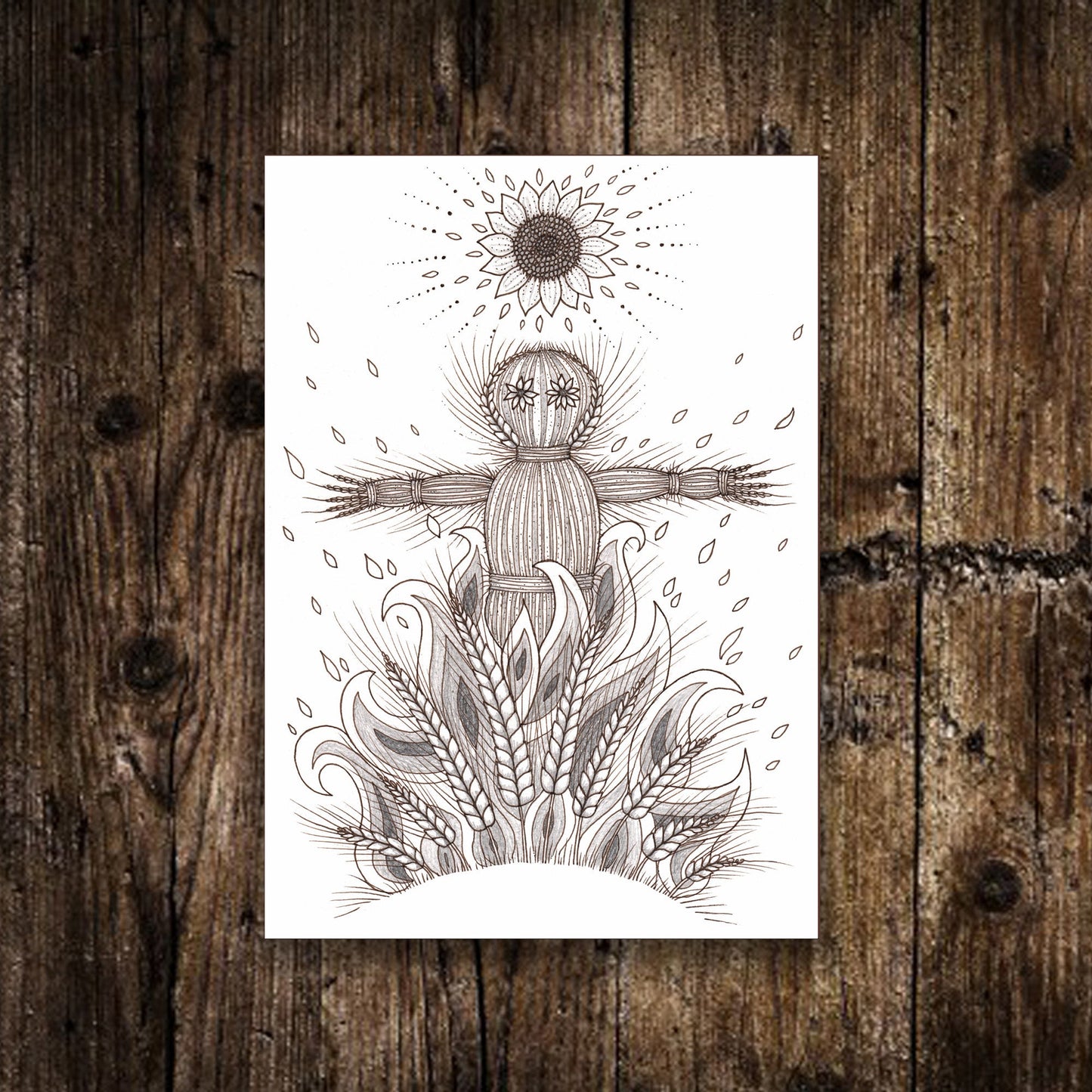 Mini John Barleycorn Print - Small A6 Wicker Man Illustration - Mini Black Or White Pagan Folklore Postcard Print - Spooky Corn Dolly Art