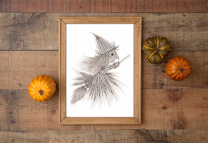 Harvest Witch Print - Wicker Corn Dolly Witch A5 - A4 - A3 Watercolour Art - Pagan Halloween Black Or White Decor - Witches Broomstick Art