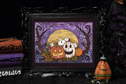 Autumn Night Print - Whimsical Jack-O-Lantern A5 - A4 - A3 Watercolour Art - Halloween Purple Orange Pumpkin Gourd - Spooky Ghost Decoration