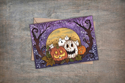 Autumn Night Greetings Card & Envelope - Whimsical Jack-O Lantern Halloween Card - Purple Orange Pumpkin Gourd Samhain Greetings Gift