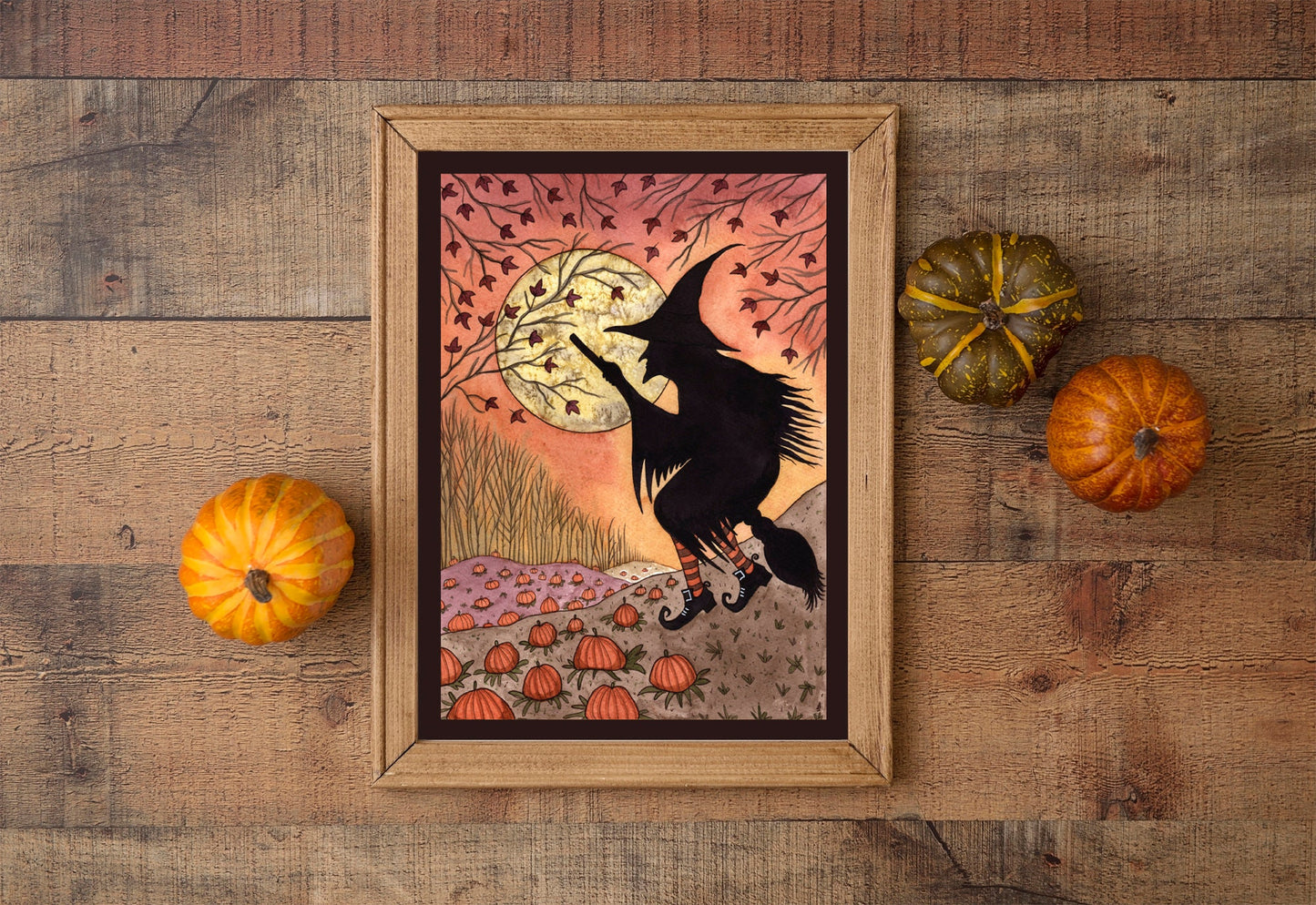 Moonlight Flight Print - Halloween Witch A5 - A4 - A3 Watercolour Art - Orange Autumn Pumpkin Patch Decor - Samhain All Hallows' Eve Art