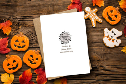Trick Or Treat Greetings Card & Envelope - Orange Halloween Pumpkin Illustrated Card - Gothic Alternative Samhain Card - Candy Corn Bats