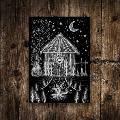 Mini Witches Cottage Print - Small A6 Witches Cabin Illustration - Mini Black Or White Witchy Postcard Print - Spooky Halloween House Art