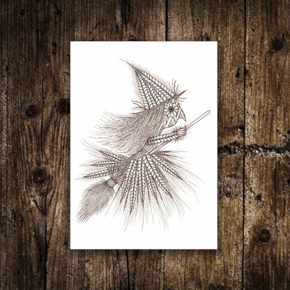 Mini Harvest Witch Print - Small A6 Wicker Witch Illustration - Mini Black Or White Witchcraft Postcard Print - Spooky Pagan Corn Dolly Art
