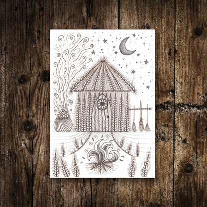 Mini Witches Cottage Print - Small A6 Witches Cabin Illustration - Mini Black Or White Witchy Postcard Print - Spooky Halloween House Art