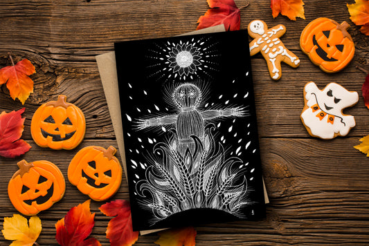 John Barleycorn Greetings Card & Envelope - Black And White Pagan Wicker Man Card - Folklore Bonfire Night Autumn Halloween Samhain Card -