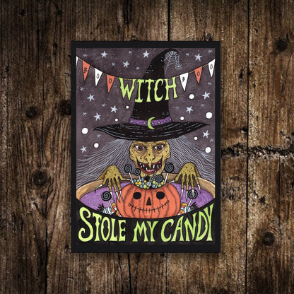 Set Of 6 Mini Halloween Prints - Trick Or Treat Pumpkin Scarecrow Illustration Decorations - Mini Spooky Prints - Retro Witch Candy Art Set