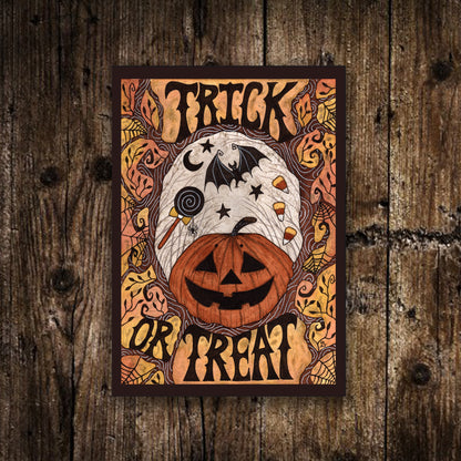 Set Of 6 Mini Halloween Prints - Trick Or Treat Pumpkin Scarecrow Illustration Decorations - Mini Spooky Prints - Retro Witch Candy Art Set