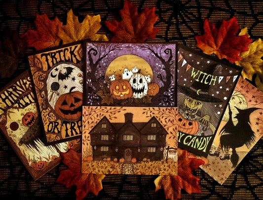 Set Of 6 Mini Halloween Prints - Trick Or Treat Pumpkin Scarecrow Illustration Decorations - Mini Spooky Prints - Retro Witch Candy Art Set