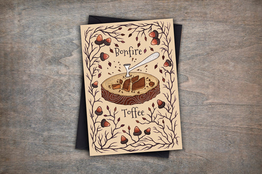 Bonfire Toffee Greetings Card & Envelope - Seasonal Cosy Bonfire Night Card - Halloween Autumn Fall Card - Acorn Leaf Autumn Foods Card