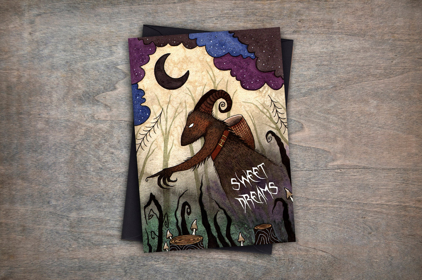 Krampus Sweet Dreams Card - Krampus Creepy Christmas Gothic Winter Card - Black Purple Blue Pagan Yuletide Spooky Greetings Card