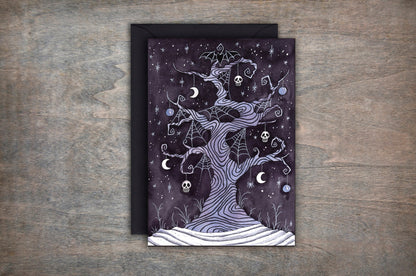 Lonely Forgotten Tree Greetings Card & Envelope - Gothic Spooky Christmas Twisted Tree Card - Alternative Blue Black Pagan Yuletide Card