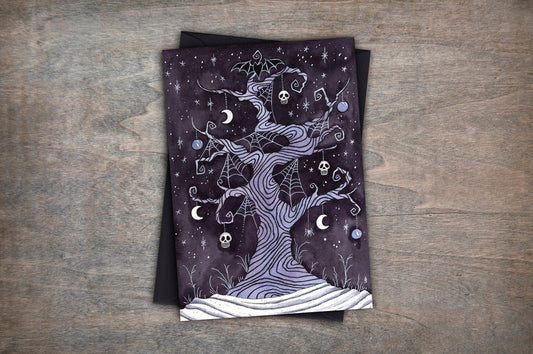 Lonely Forgotten Tree Greetings Card & Envelope - Gothic Spooky Christmas Twisted Tree Card - Alternative Blue Black Pagan Yuletide Card