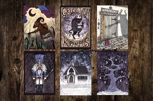 Set Of 6 Mini Silent Nightmare Prints - Spooky A6 Krampus Night Creepy Illustration Decorations - Mini Gothic Alternative Christmas Tree Art
