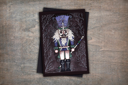 The Possessed Nutcracker Greetings Card & Envelope - Gothic Spooky Alternative Christmas Winter Card - Blue Black Green Pagan Yule Card