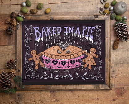 Baked In A Pie Print - A5 - A4 - A3 Gothic Spooky Bakery Watercolour - Brown Pink Purple Whimsical Maggot Pie Art - Gingerbread Love Hearts
