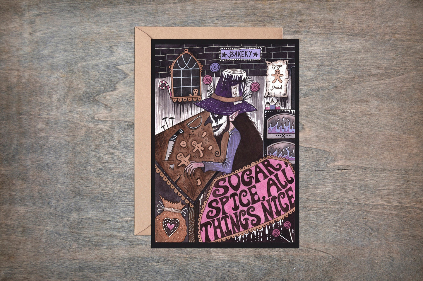Ginger The Experimental Baker Greetings Card & Envelope - Gothic Spooky Sugar And Spice Card - Pink Purple Creepy Bakery Gingerbread Card
