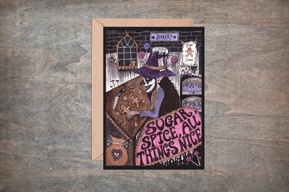 Ginger The Experimental Baker Greetings Card & Envelope - Gothic Spooky Sugar And Spice Card - Pink Purple Creepy Bakery Gingerbread Card