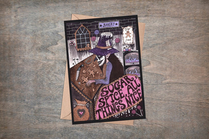 Ginger The Experimental Baker Greetings Card & Envelope - Gothic Spooky Sugar And Spice Card - Pink Purple Creepy Bakery Gingerbread Card