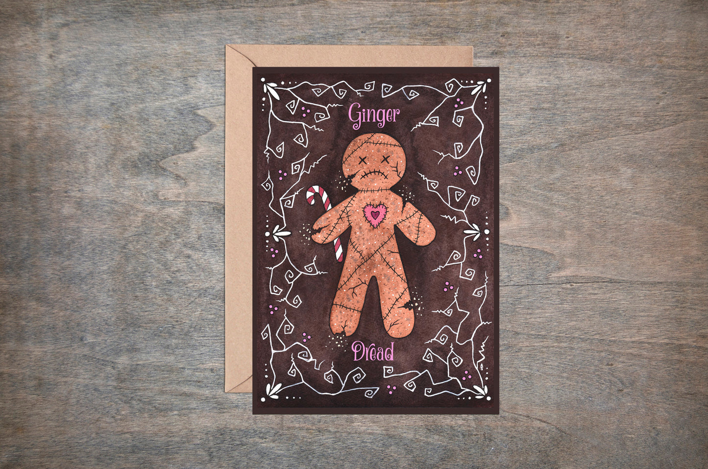 Ginger Dread Greetings Card & Envelope - Gothic Spooky Gingerbread Figure Card - Brown Pink Creepy Cute Bakery Valentine's Love Heart Card