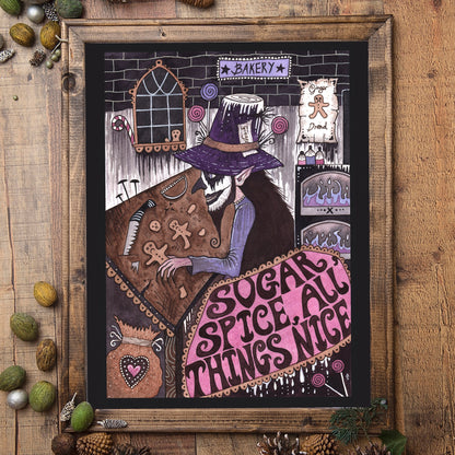 Ginger The Experimental Baker Print - A5 - A4 - A3 Gothic Sugar And Spice Gingerbread Watercolour - Pink Purple Whimsical Bakery Wall Art