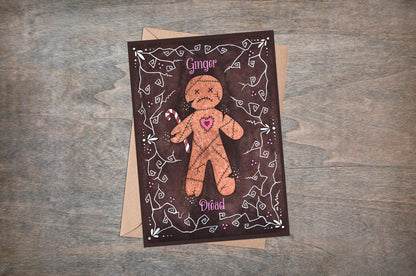 Ginger Dread Greetings Card & Envelope - Gothic Spooky Gingerbread Figure Card - Brown Pink Creepy Cute Bakery Valentine's Love Heart Card