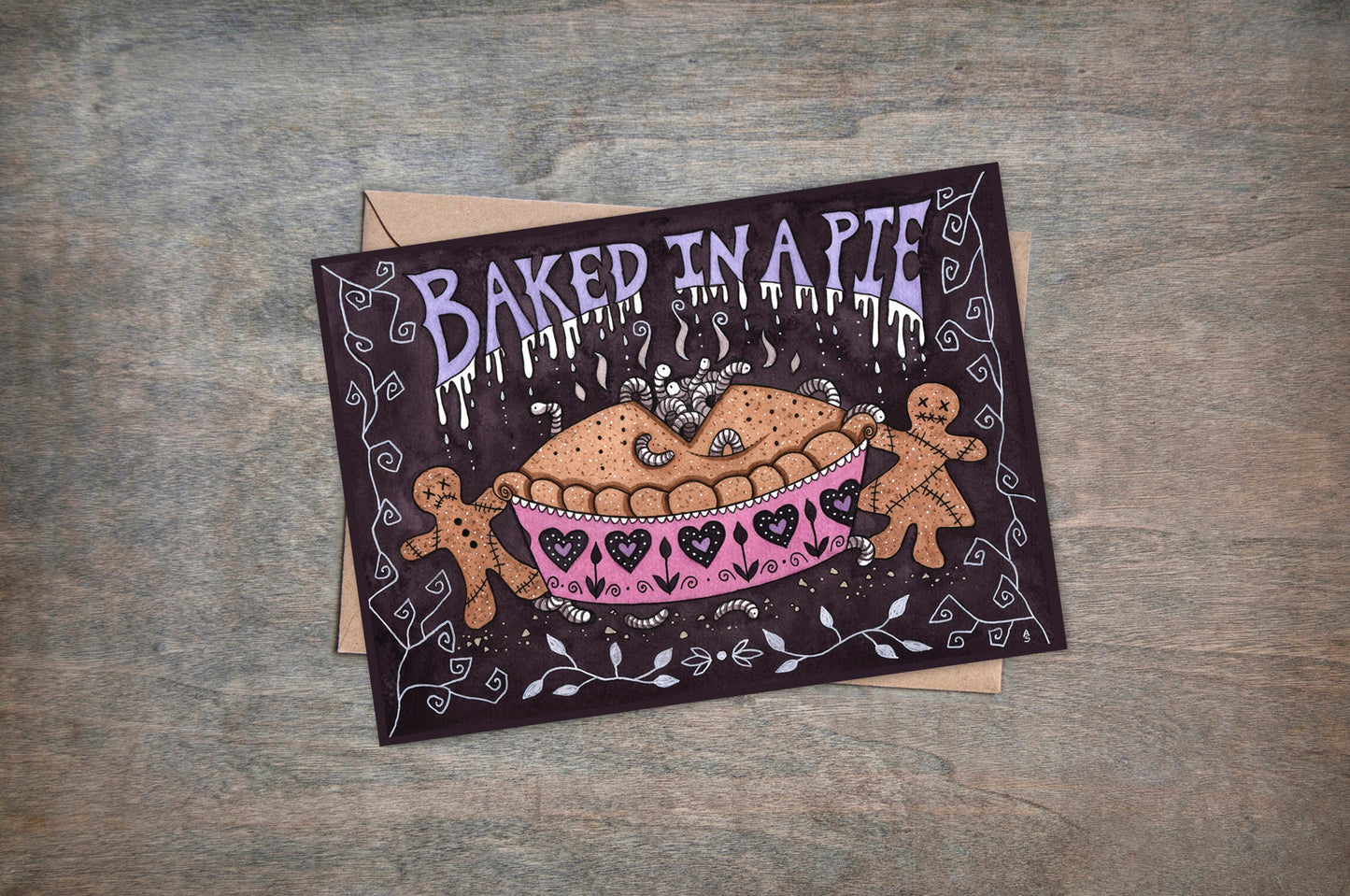 Baked In A Pie Greetings Card & Envelope - Gothic Spooky Maggot Pie Card - Purple Pink Creepy Cute Bakery Gingerbread Love Heart Card