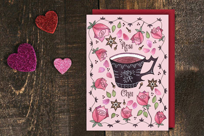 Rose Chai Card & Envelope - Romantic Pink Rose Spiced Chai Tea Card - Valentines Day Love Vintage Roses Card - Victorian Teacup Card