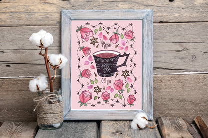 Rose Chai Tea Illustration Print - Romantic Watercolour Pink Victorian Teacup A5 - A4 - A3 Art - Vintage Pink Rosebud Kitchen Bedroom Decor