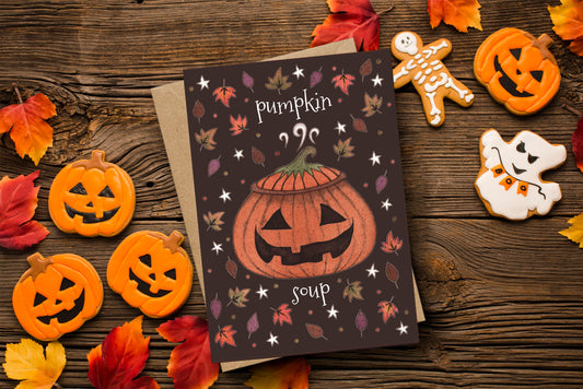 Pumpkin Soup Greetings Card & Envelope - Cosy Halloween Pumpkin Food Illustrated Card - Whimsical Orange Brown Autumn Leaves Samhain Card