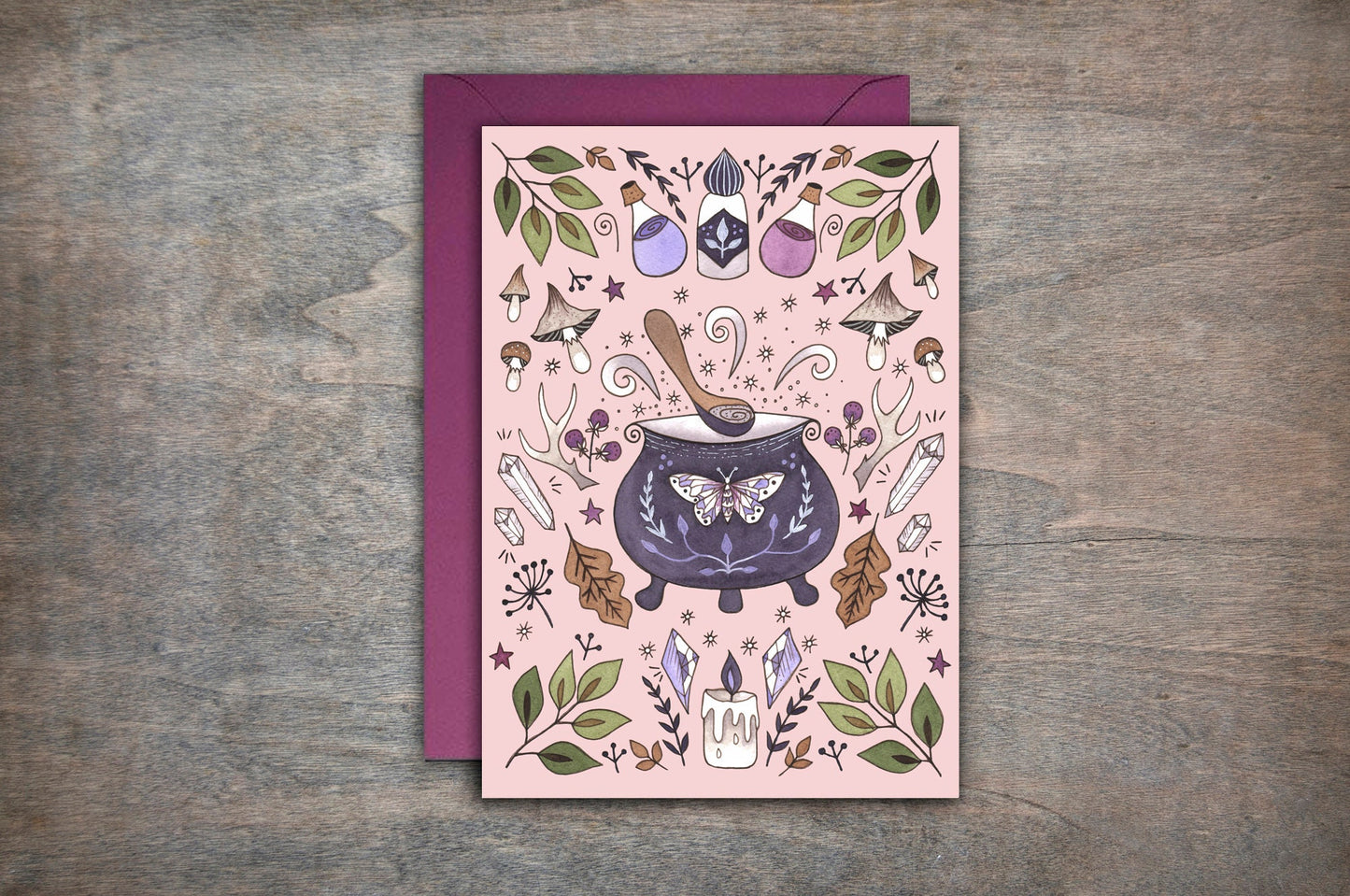 Kitchen Witch Greetings Card & Envelope - Cute Pink Witches Cauldron Card - Spring Botanical Ingredients Mushroom Toadstool Crystals Card