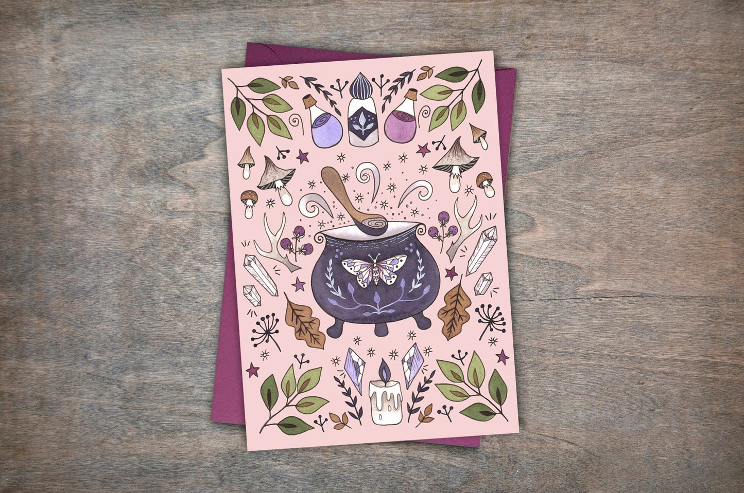 Kitchen Witch Greetings Card & Envelope - Cute Pink Witches Cauldron Card - Spring Botanical Ingredients Mushroom Toadstool Crystals Card