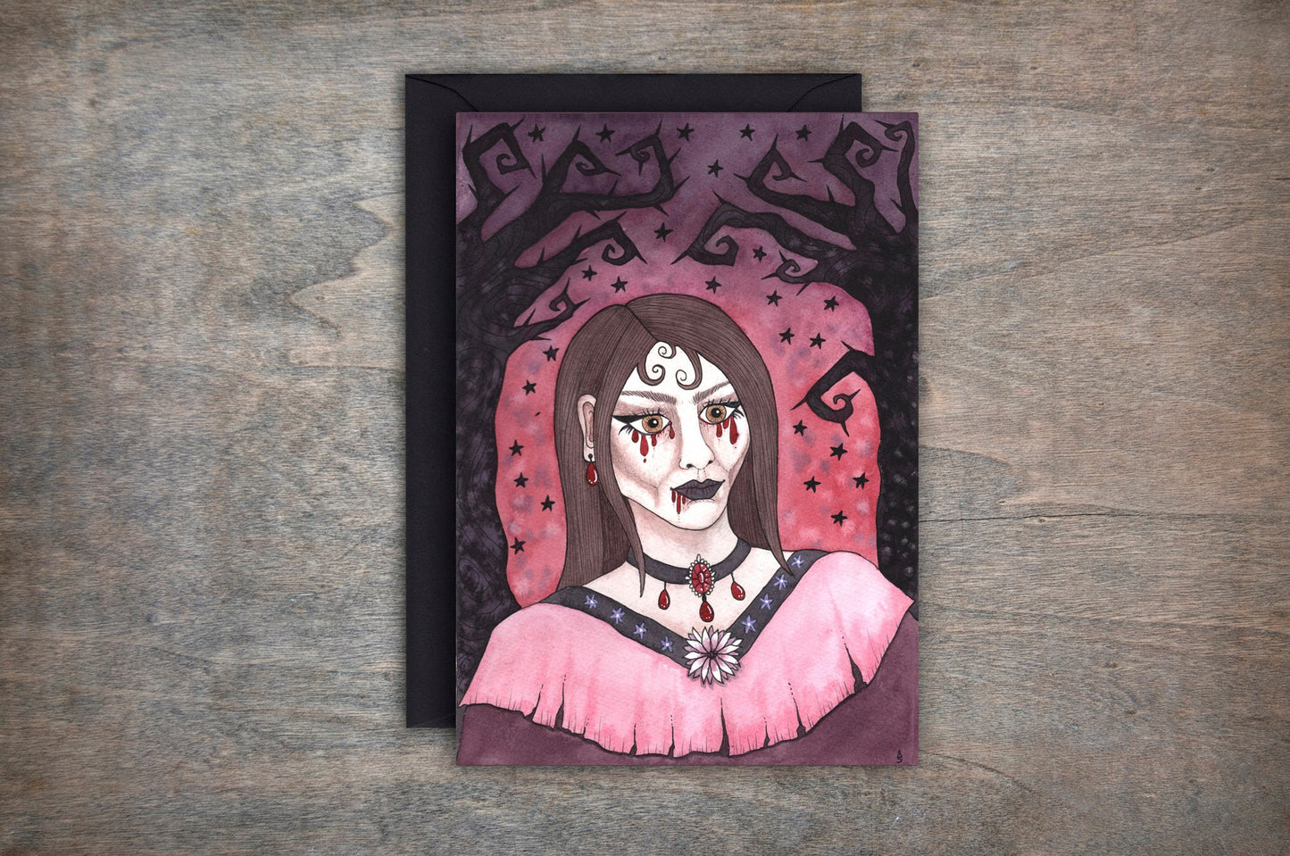 The Huntress Greetings Card & Envelope - Gothic Victorian Vampire Portrait Card - Purple Pink Red Black Starry Night Sky Watercolour Card