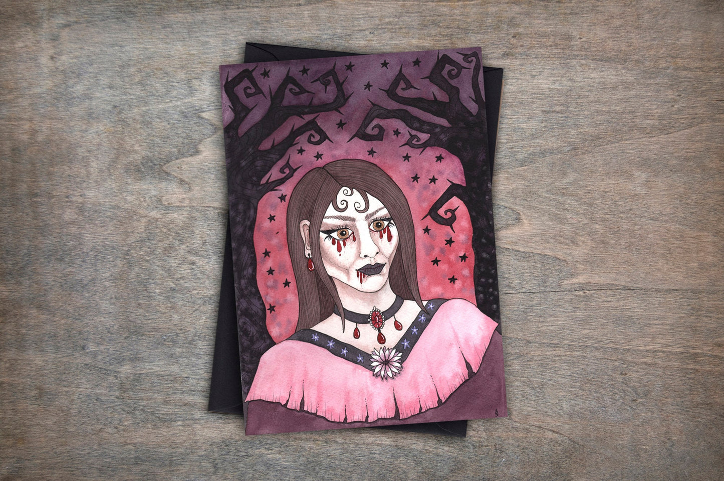 The Huntress Greetings Card & Envelope - Gothic Victorian Vampire Portrait Card - Purple Pink Red Black Starry Night Sky Watercolour Card