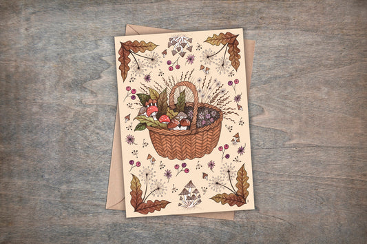 The Forager's Basket Greetings Card & Envelope - Whimsical Cottage Garden Basket Card - Rustic Spring Summer Mushroom Berry Foraging Card
