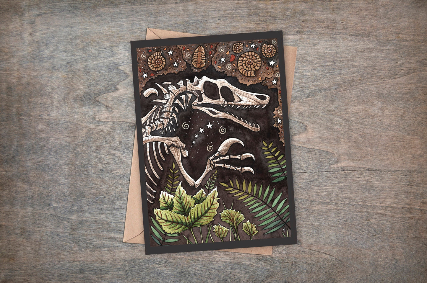 Fossilised Fear Greetings Card & Envelope - Velociraptor Fossil Ammonite Trilobite Card -  Paleontology Geologist Spooky Dinosaur Bones Card