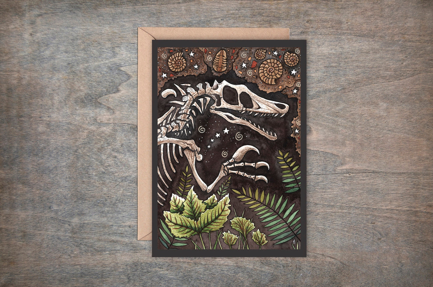 Fossilised Fear Greetings Card & Envelope - Velociraptor Fossil Ammonite Trilobite Card -  Paleontology Geologist Spooky Dinosaur Bones Card