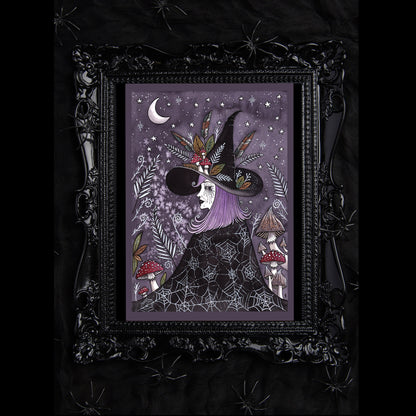 Luna The Midnight Witch Print - Watercolour Purple Gothic Forest Hedgewitch A5 - A4 - A3 Illustration Print - Toadstool Mushroom Witchcraft